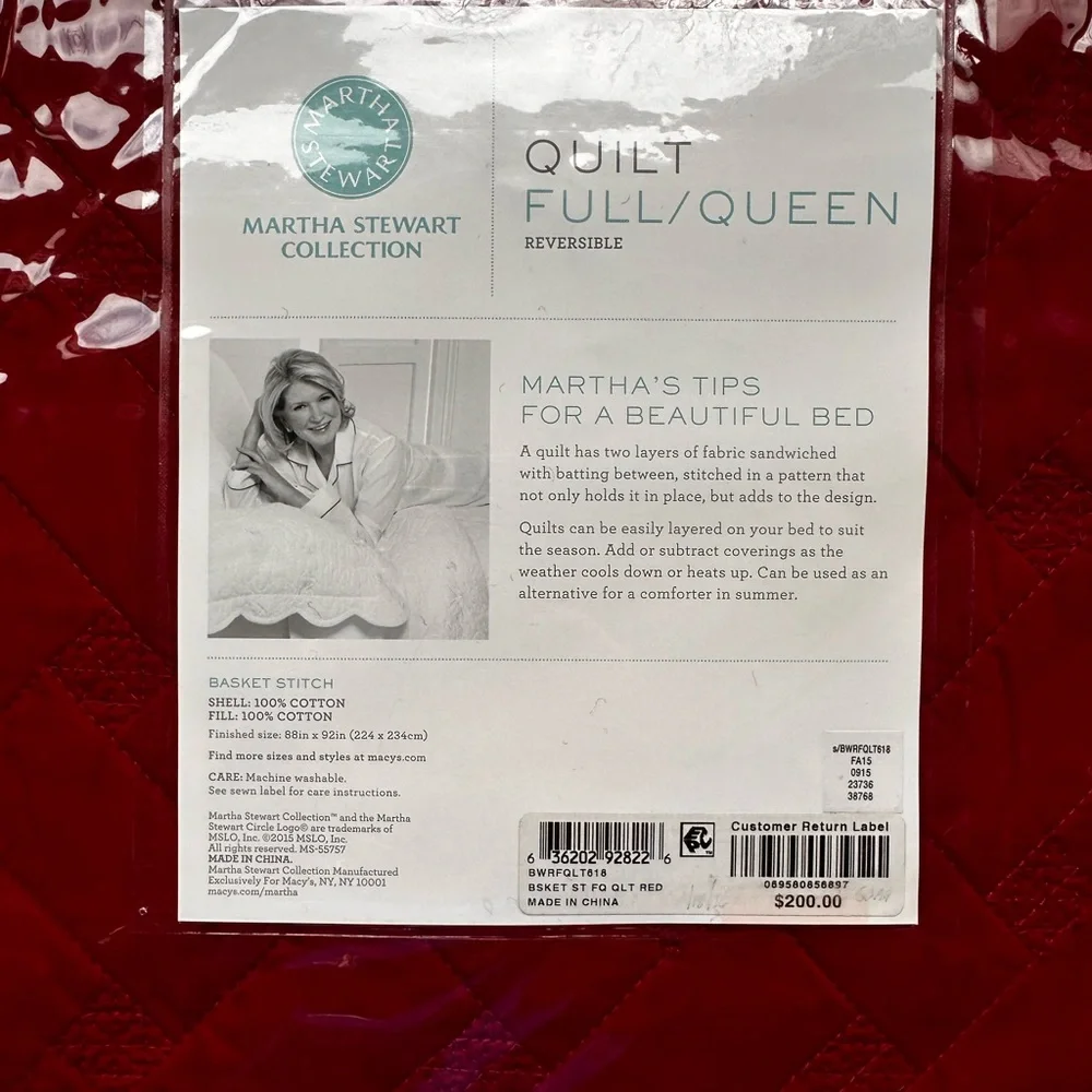 Macy’s Martha Stewart Collection Basket Stitch Quilt Reversible Red Full | Queen
